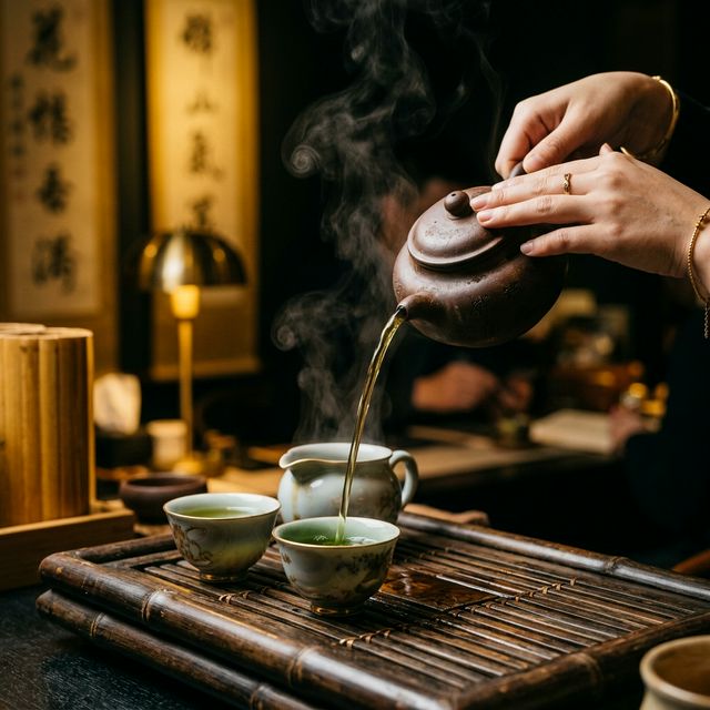 Traditional tea pouring ceremony with clay teapot