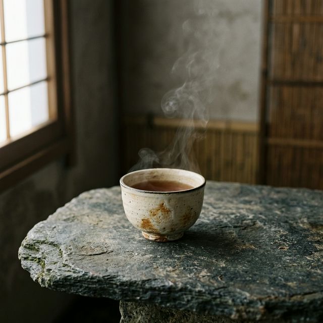 Minimalist ceramic tea cup with steam